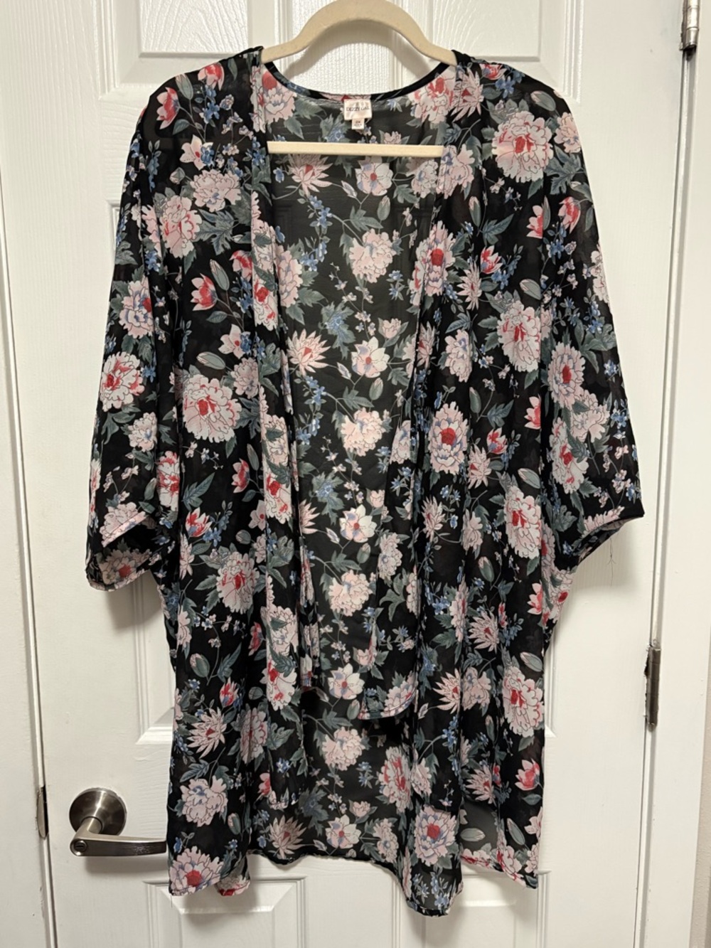 *Dizzy Gal Sheer Black Floral 2X Sheer Kimono Open Front Cover Up Cardigan